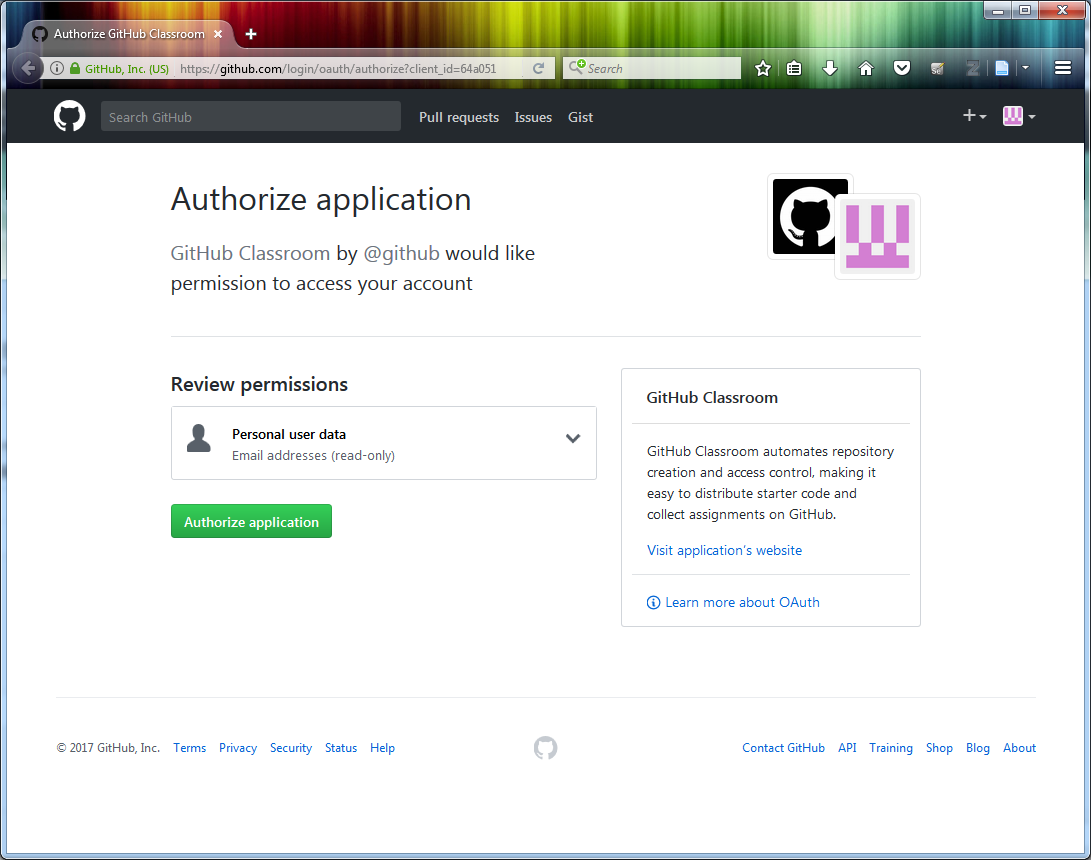 Confirm that GitHub classroom is allowed to access your account